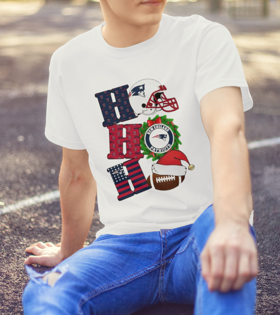 New England Patriots Ho Ho Ho Merry Christmas Football Helmet Wreath Santa Hat Football T-Shirt
