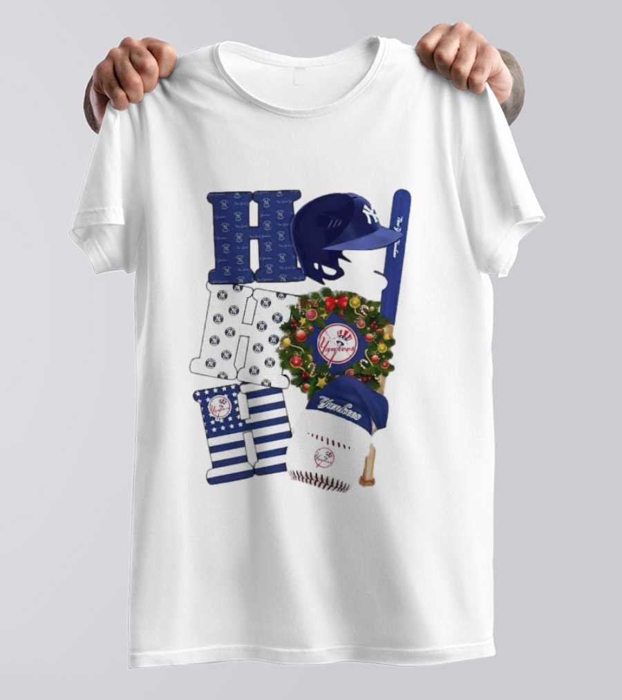New York Yankees Ho Ho Ho Merry Christmas Yankees Caps Wreath Baseball Bat T-Shirt