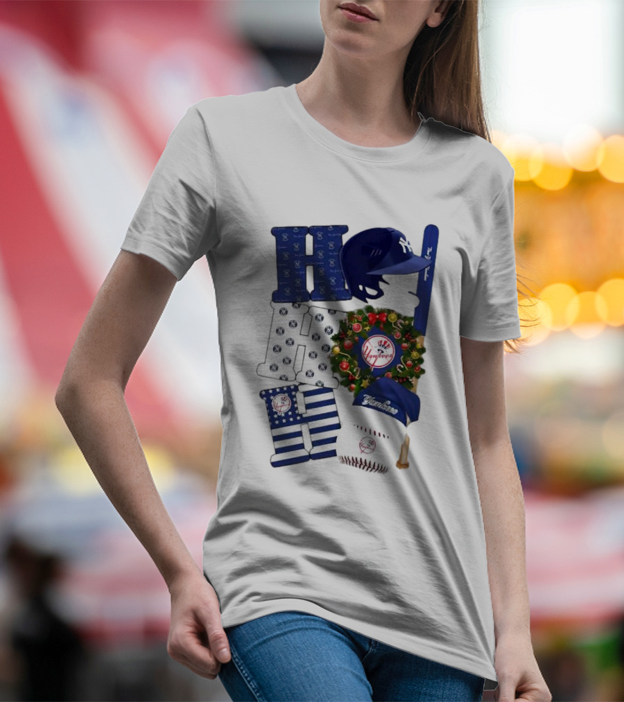 New York Yankees Ho Ho Ho Merry Christmas Yankees Caps Wreath Baseball Bat T-Shirt