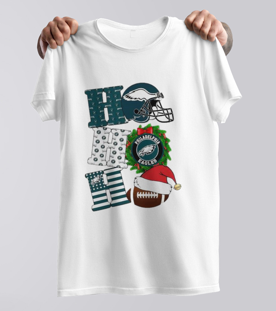 Philadelphia Eagles Ho Ho Ho Merry Christmas Football Helmet Wreath Santa Hat T-Shirt