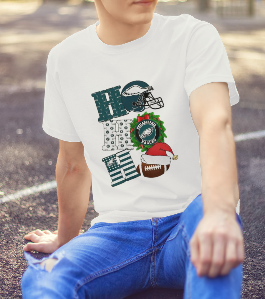 Philadelphia Eagles Ho Ho Ho Merry Christmas Football Helmet Wreath Santa Hat T-Shirt