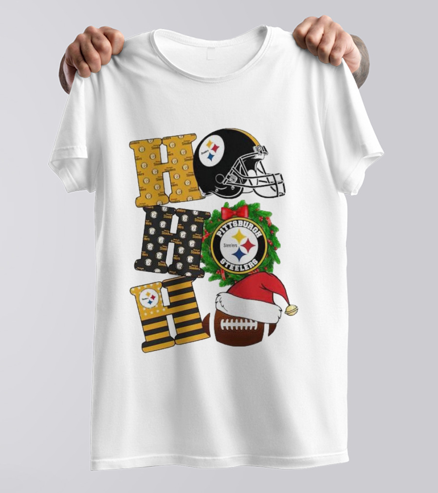 Pittsburgh Steelers Ho Ho Ho Merry Christmas Football Helmet Wreath Santa Hat T-Shirt