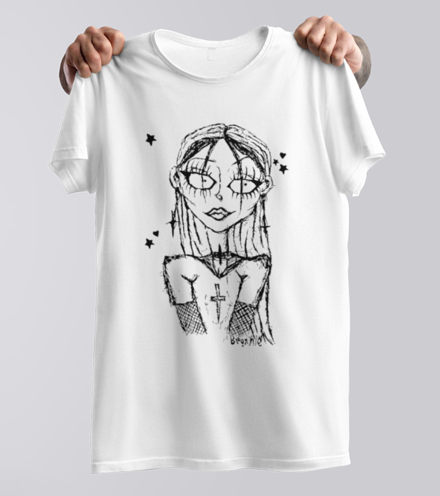 Cream Sketch Bronnie Gothic Character With Cross And Stars T-Shirt