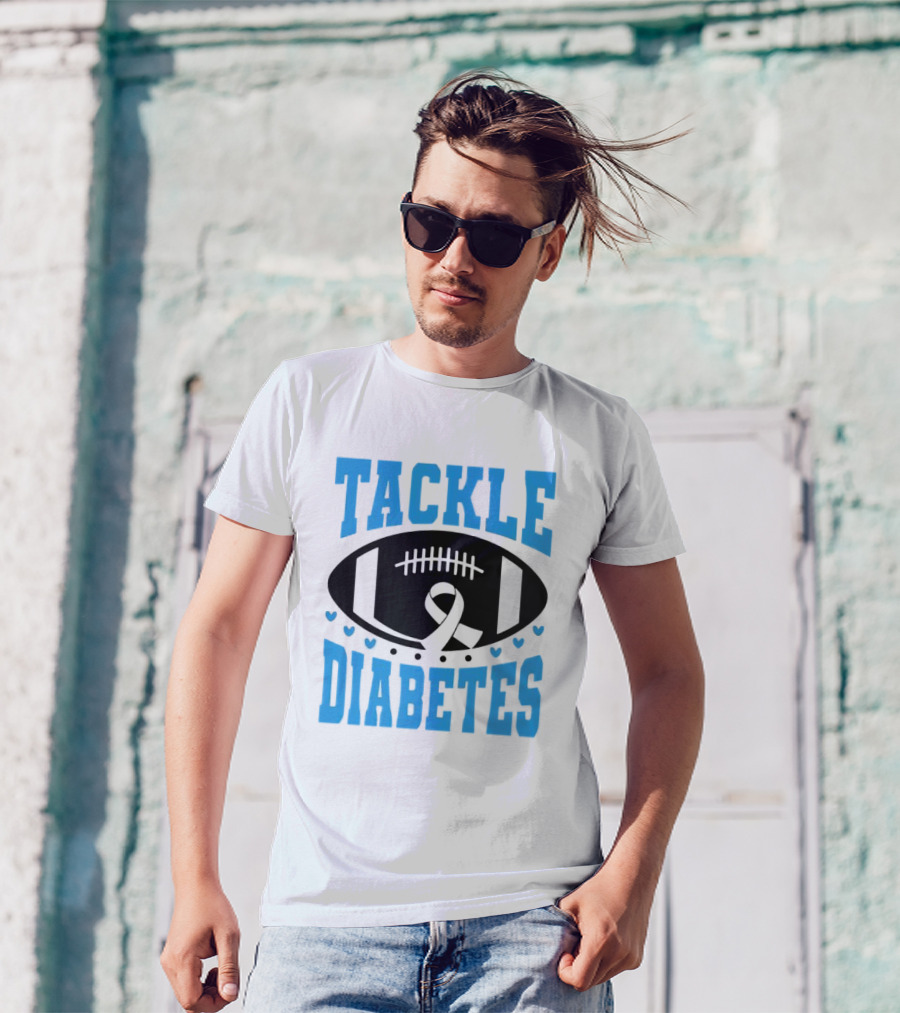 Tackle Diabetes Awareness Football Design With Blue Ribbon And Hearts T-Shirt