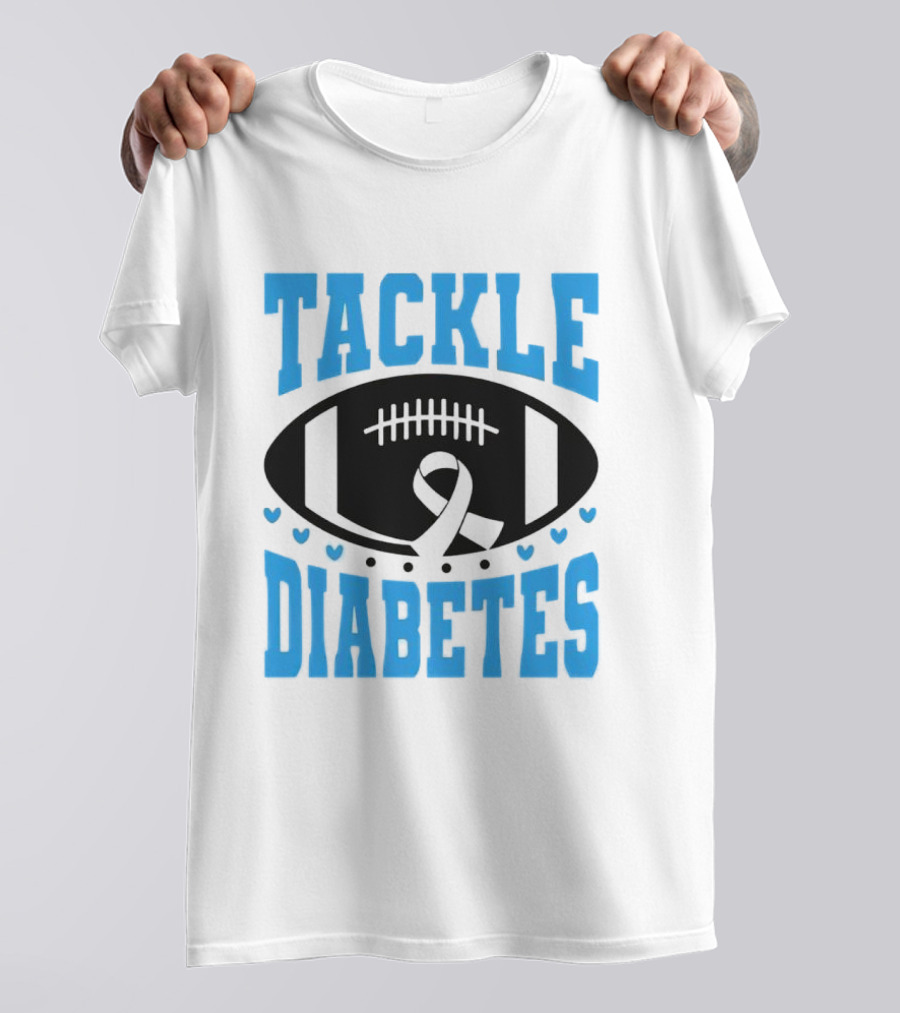 Tackle Diabetes Awareness Football Design With Blue Ribbon And Hearts T-Shirt