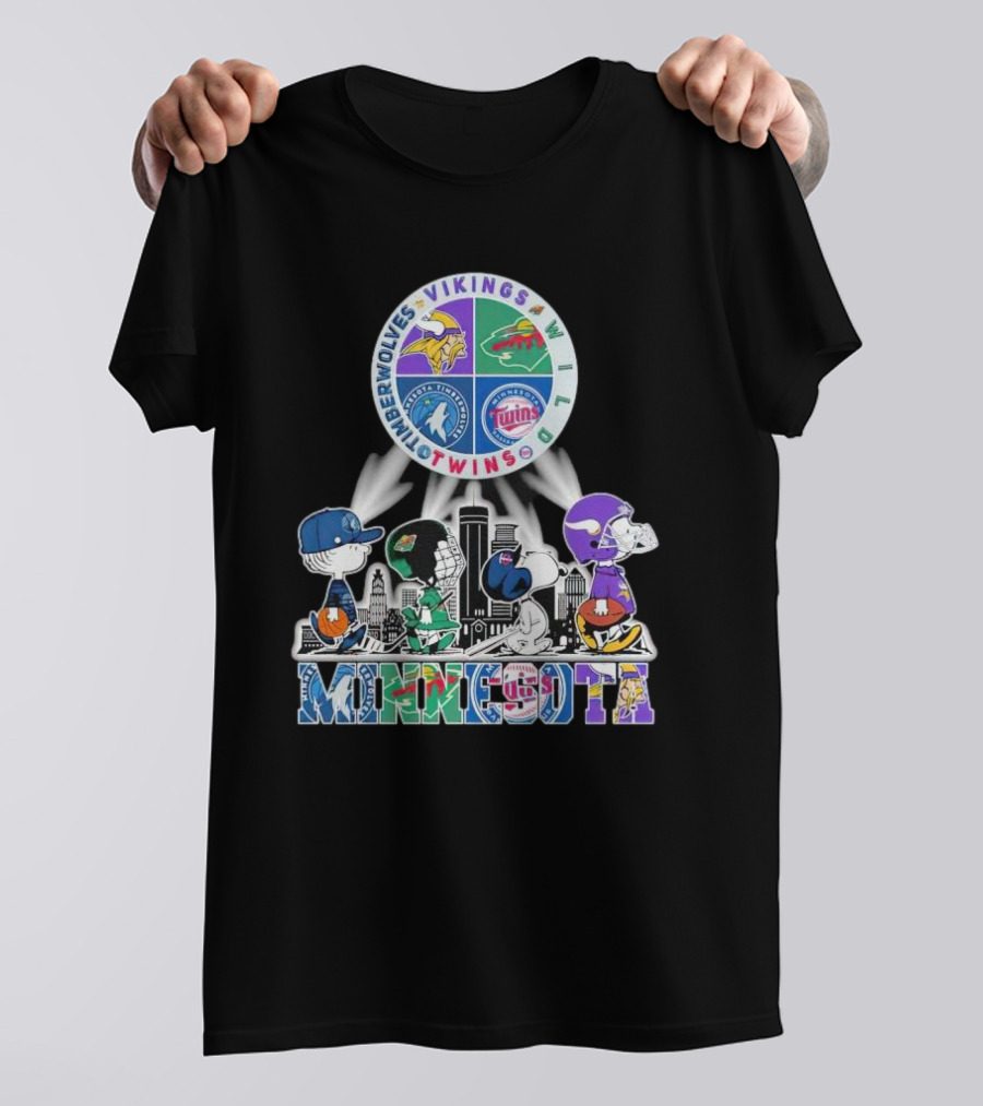 Peanuts Characters Minnesota Vikings Timberwolves Wild Twins Walking In Minnesota T-Shirt