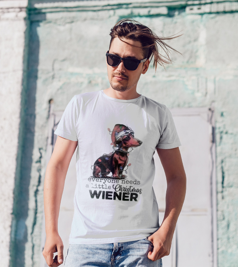 Everyone Needs A Little Christmas Wiener Dachshund With Lights And Santa Hat T-Shirt