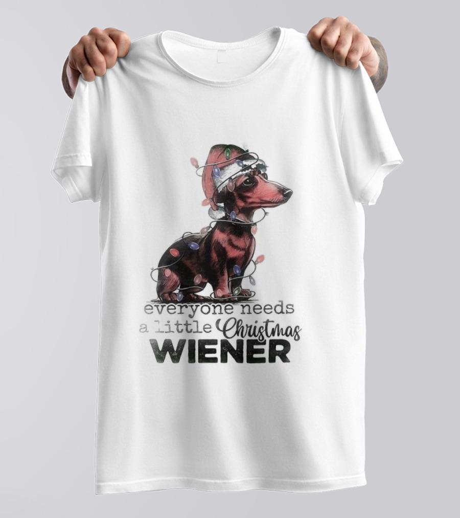 Everyone Needs A Little Christmas Wiener Dachshund With Lights And Santa Hat T-Shirt