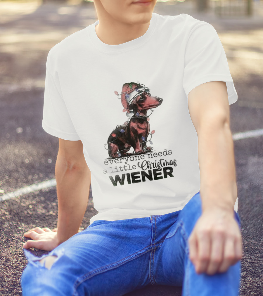 Everyone Needs A Little Christmas Wiener Dachshund With Lights And Santa Hat T-Shirt