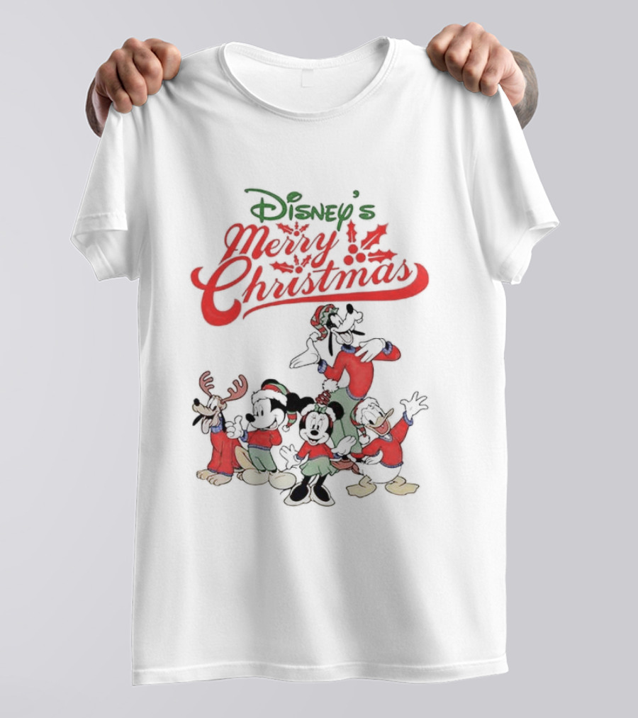 Disney’s Merry Christmas Mickey Minnie Goofy Pluto Festive Holiday T-Shirt