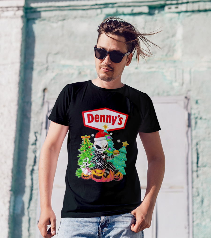 Denny’s Jack Skellington Santa Sitting On Pumpkins With Christmas Trees T-Shirt