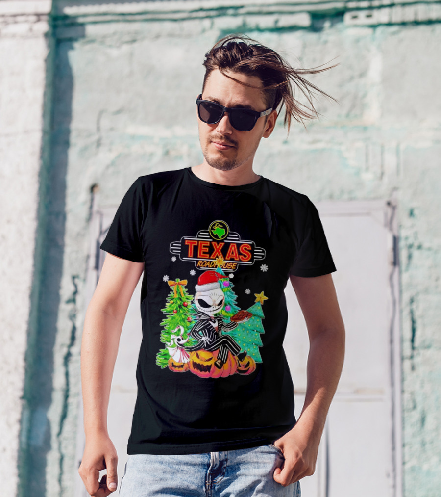 Jack Skellington Christmas With Texas Roadhouse Pumpkin And Christmas Trees T-Shirt