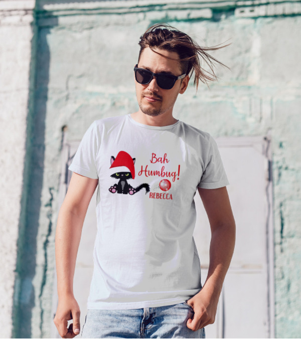 Santa Black Cat Bah Humbug Xmas Custom Name Rebecca T-Shirt
