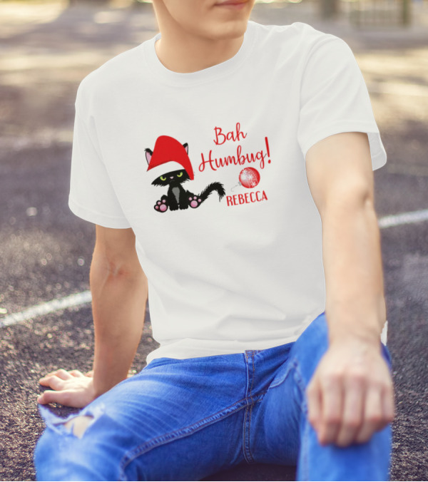 Santa Black Cat Bah Humbug Xmas Custom Name Rebecca T-Shirt