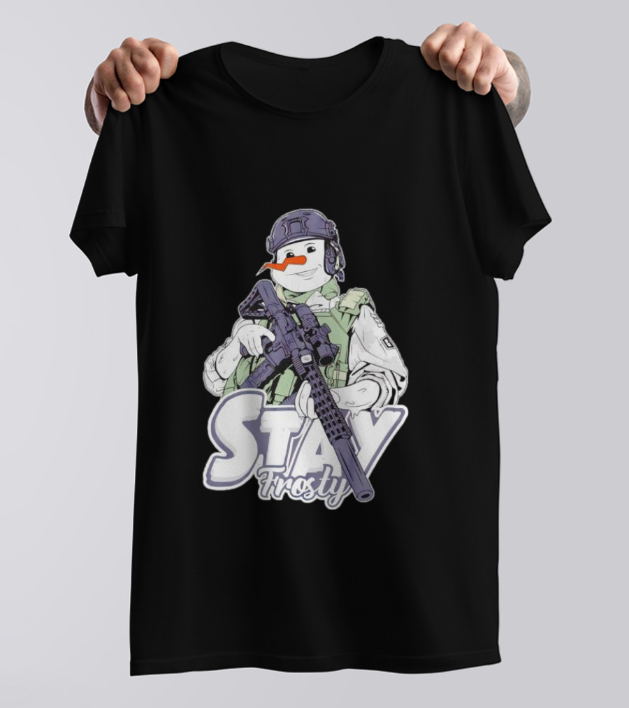Stay Frosty Snowman Soldier With Rifle Drawing T-Shirt