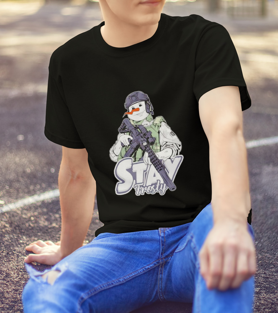 Stay Frosty Snowman Soldier With Rifle Drawing T-Shirt