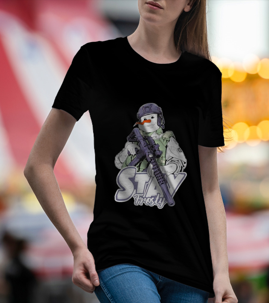 Stay Frosty Snowman Soldier With Rifle Drawing T-Shirt