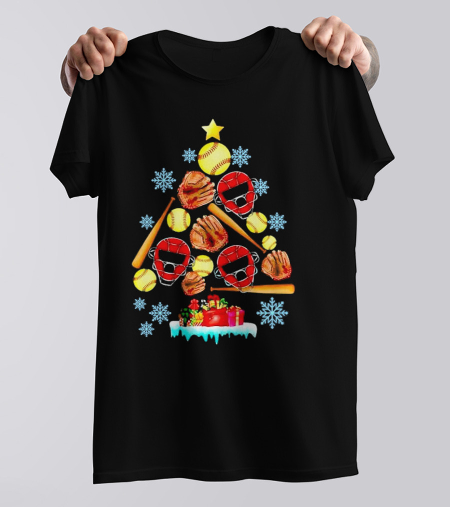 Christmas Tree With Softballs Bats Helmets Mitts And Gifts T-Shirt