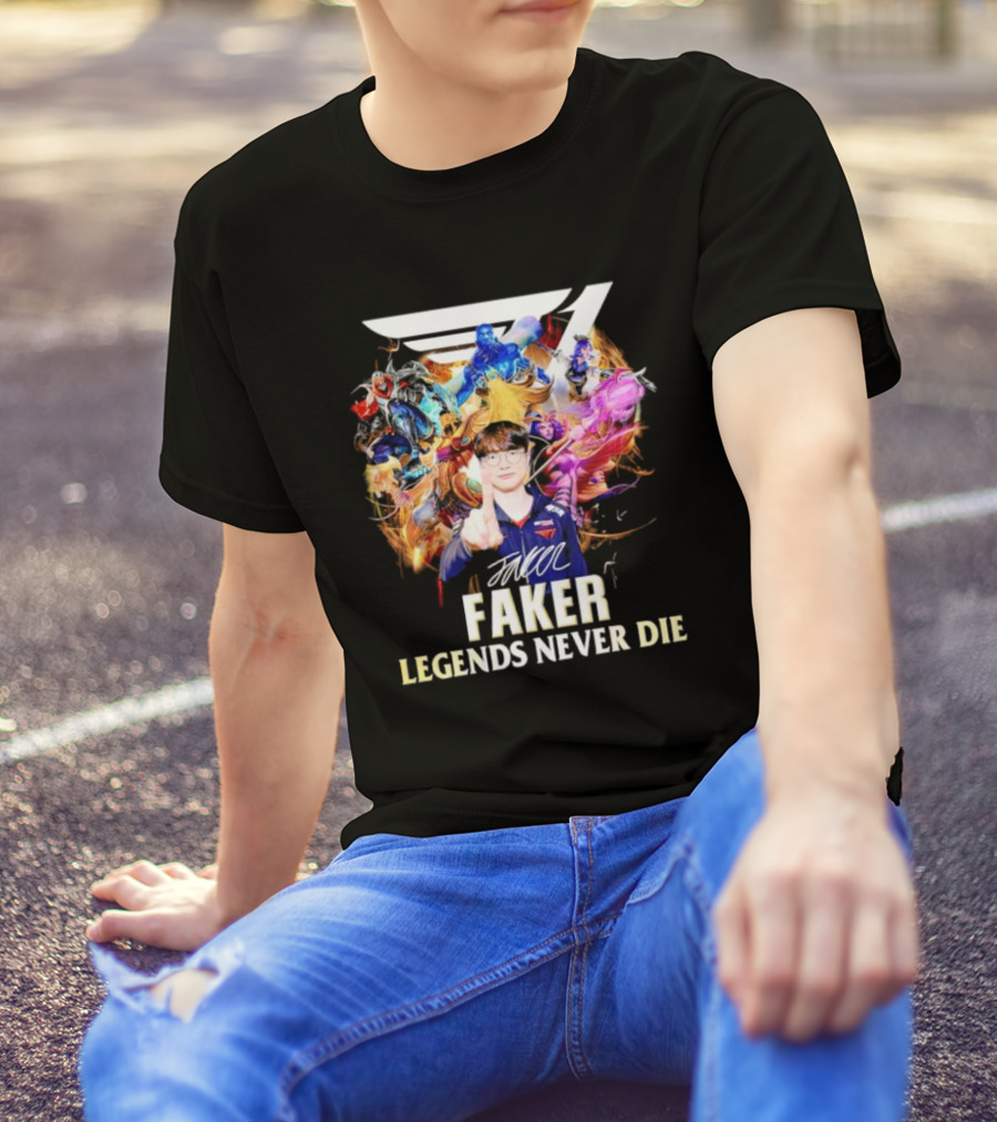 T1 Faker Legends Never Die Signature With Dynamic Character T-Shirt