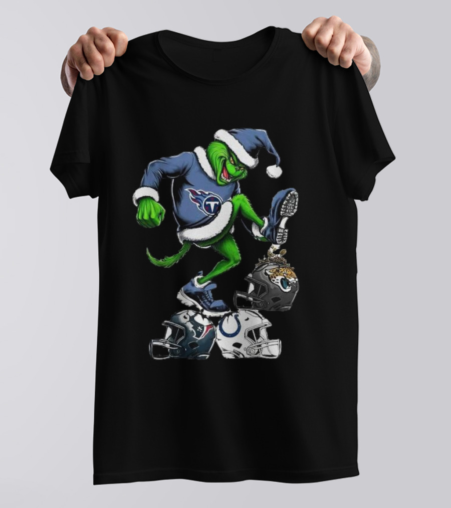 Tennessee Titans Grinch Stomping Jaguars Texans Colts Helmets Christmas T-Shirt