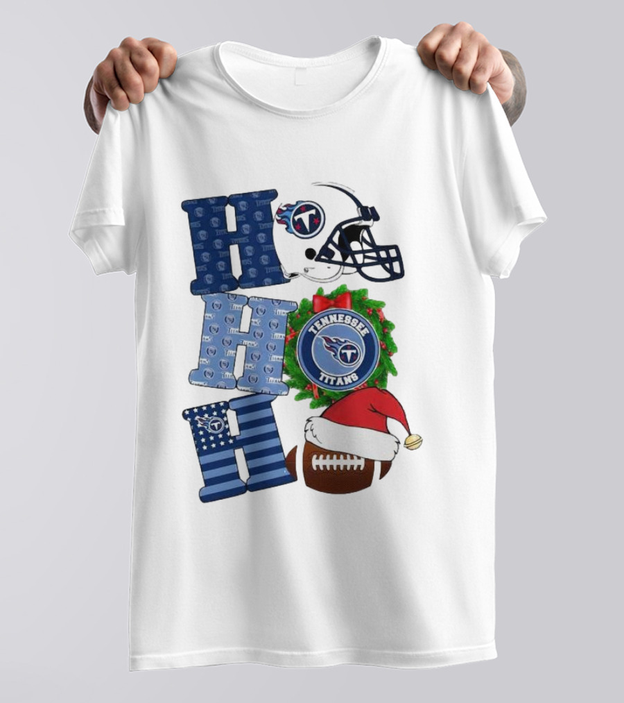 Tennessee Titans Ho Ho Ho Merry Christmas Football Helmet Santa Hat Wreath T-Shirt