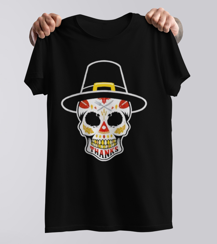 Thanksgiving Sugar Skull Thanks Pilgrim Hat Football Leaves T-Shirt