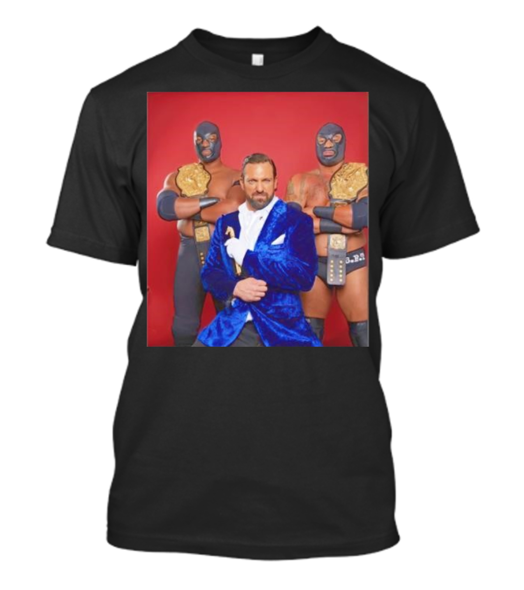 Blunt Force Trauma Wrestling Champions With Blue Masked Duo And Manager In Velvet Suit T-Shirt