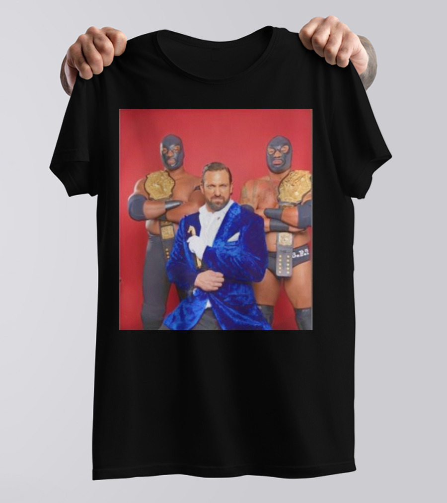 Blunt Force Trauma Wrestling Champions With Blue Masked Duo And Manager In Velvet Suit T-Shirt