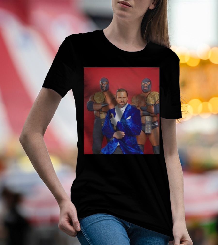 Blunt Force Trauma Wrestling Champions With Blue Masked Duo And Manager In Velvet Suit T-Shirt