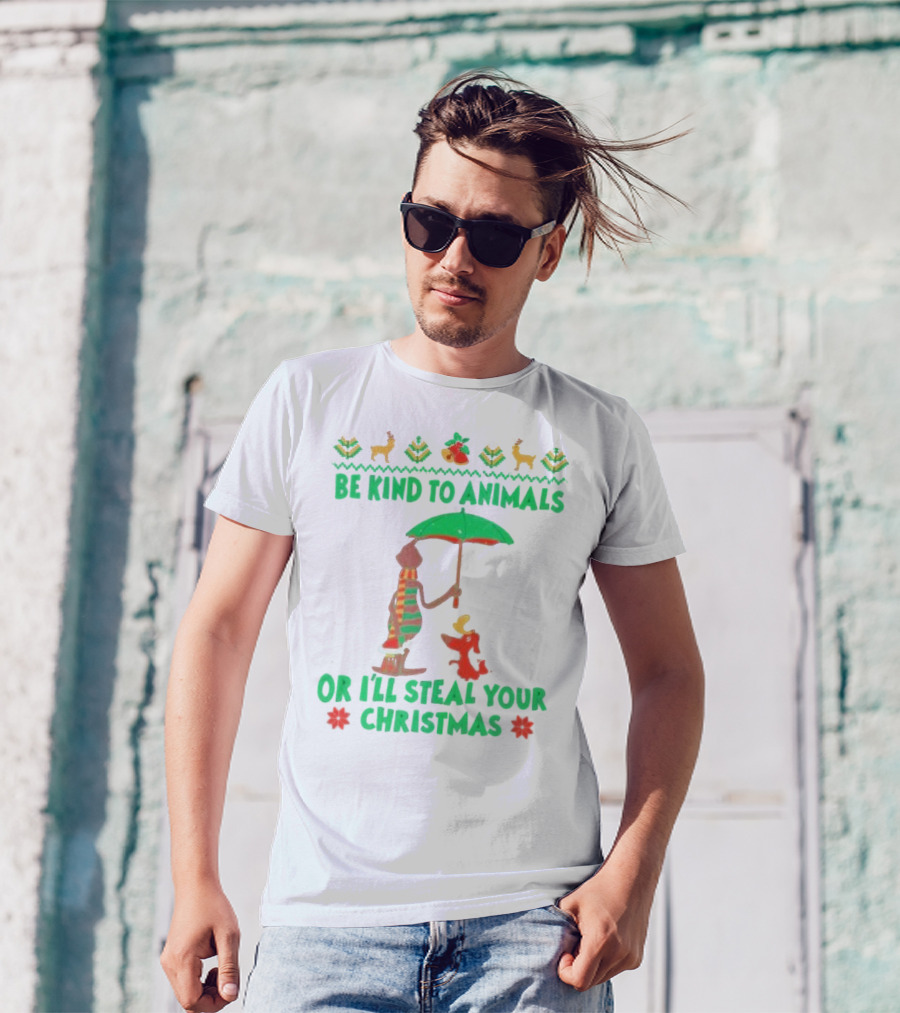 Be Kind To Animals Or I’ll Steal Your Christmas Grinch And Dog With Holiday Symbols T-Shirt