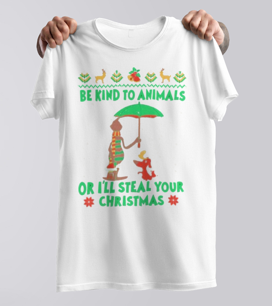 Be Kind To Animals Or I’ll Steal Your Christmas Grinch And Dog With Holiday Symbols T-Shirt