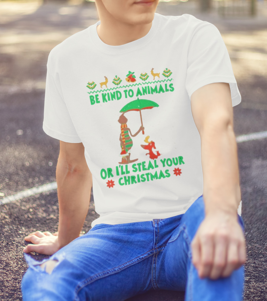 Be Kind To Animals Or I’ll Steal Your Christmas Grinch And Dog With Holiday Symbols T-Shirt