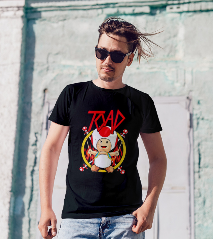 TOAD Heavy Metal Mushroom Drummer With Drumsticks And Flames Background T-Shirt
