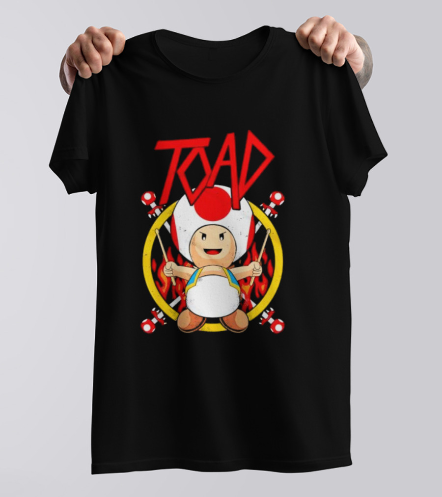 TOAD Heavy Metal Mushroom Drummer With Drumsticks And Flames Background T-Shirt