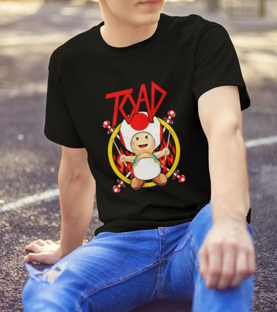 TOAD Heavy Metal Mushroom Drummer With Drumsticks And Flames Background T-Shirt