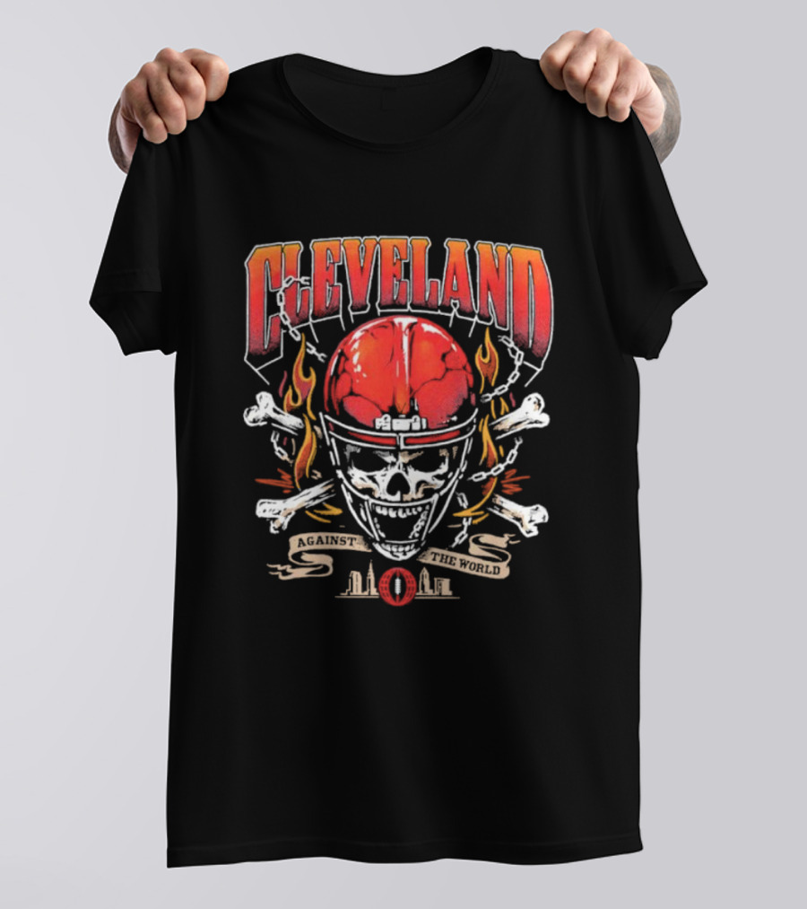 Cleveland Against The World Skull Helmet Flames Crossbones T-Shirt