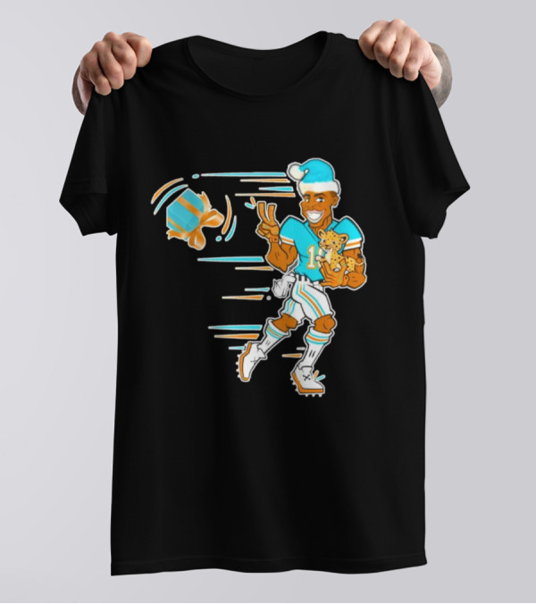 Tyreek Hill Cheetah Claus Football Holiday Player With Cheetah And Santa Hat T-Shirt