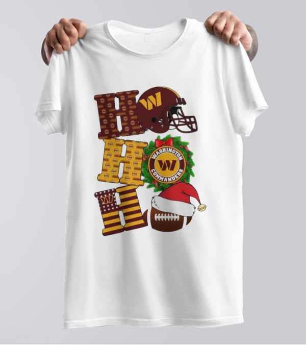 Washington Commanders Helmet Wreath Football Ho Ho Ho Merry Christmas T-Shirt