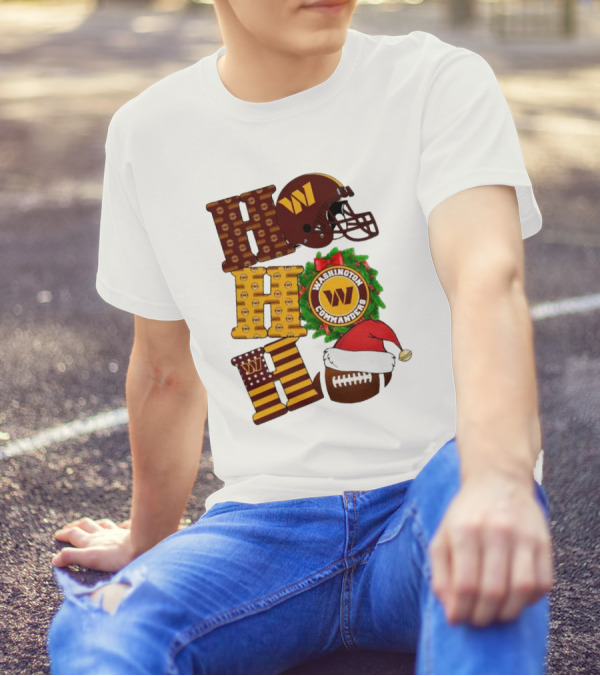 Washington Commanders Helmet Wreath Football Ho Ho Ho Merry Christmas T-Shirt