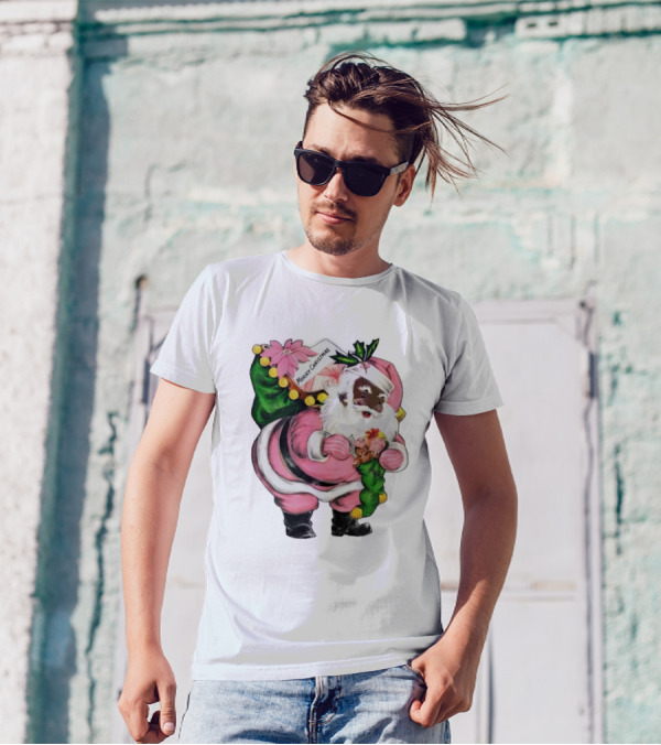 Merry Christmas Santa Claus Wear Pink Outfit With Sack And Toys T-Shirt