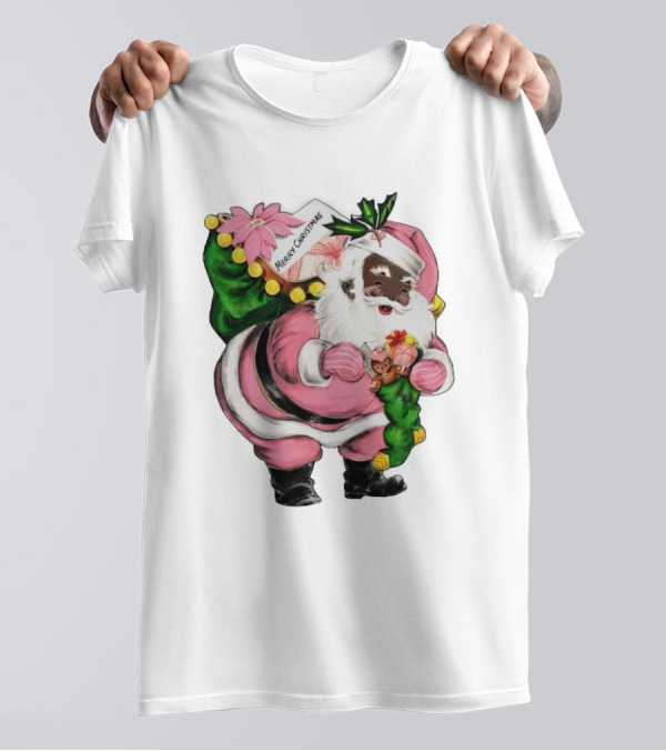 Merry Christmas Santa Claus Wear Pink Outfit With Sack And Toys T-Shirt