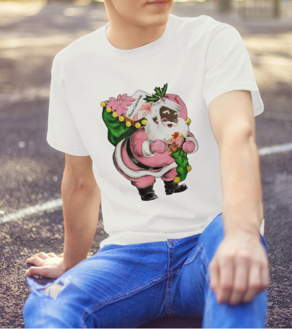 Merry Christmas Santa Claus Wear Pink Outfit With Sack And Toys T-Shirt