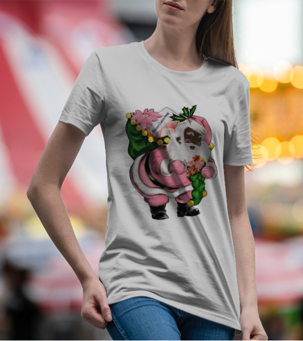 Merry Christmas Santa Claus Wear Pink Outfit With Sack And Toys T-Shirt