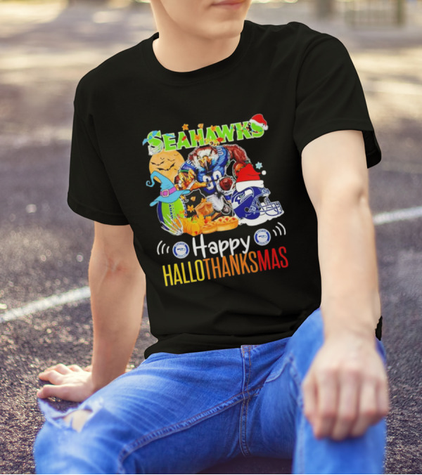Seattle Seahawks Happy HalloThanksMas Holiday T-Shirt