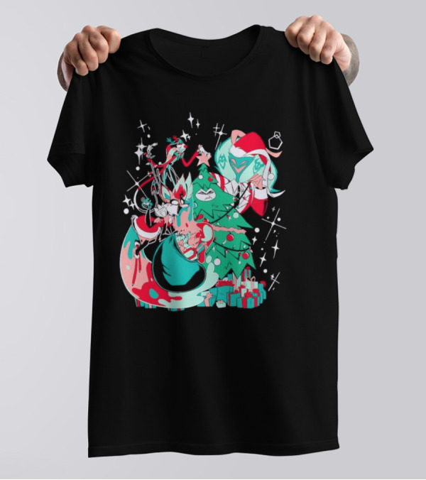 Shark Robot Sinful Holiday Christmas Hazbin Hotel Festive Tree And Characters T-Shirt