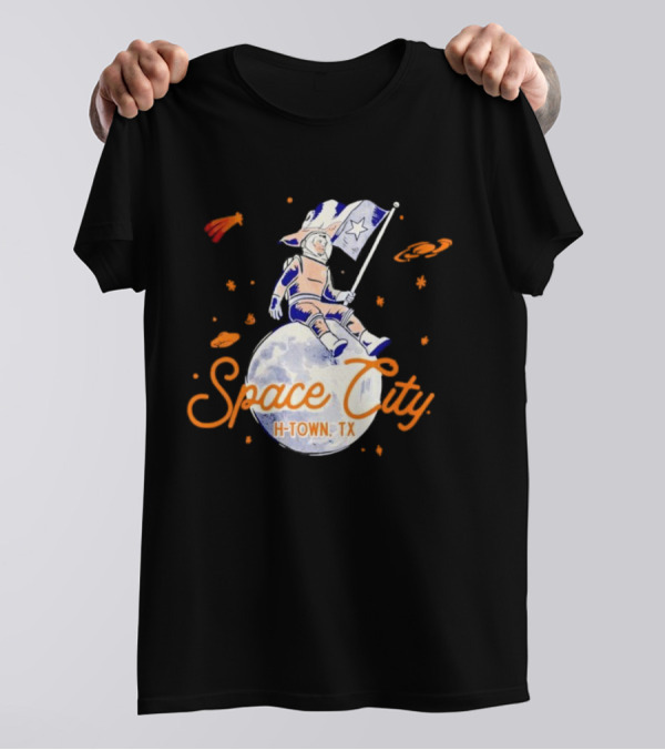 Space City H-Town TX Astronaut On Moon With Saturn And Stars T-Shirt