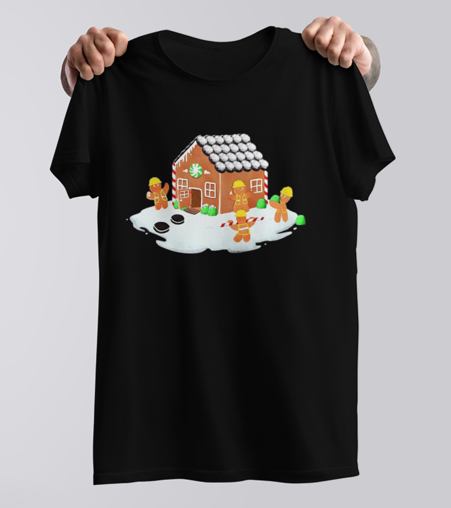 Gingerbread House Construction Crew Christmas Scene T-Shirt