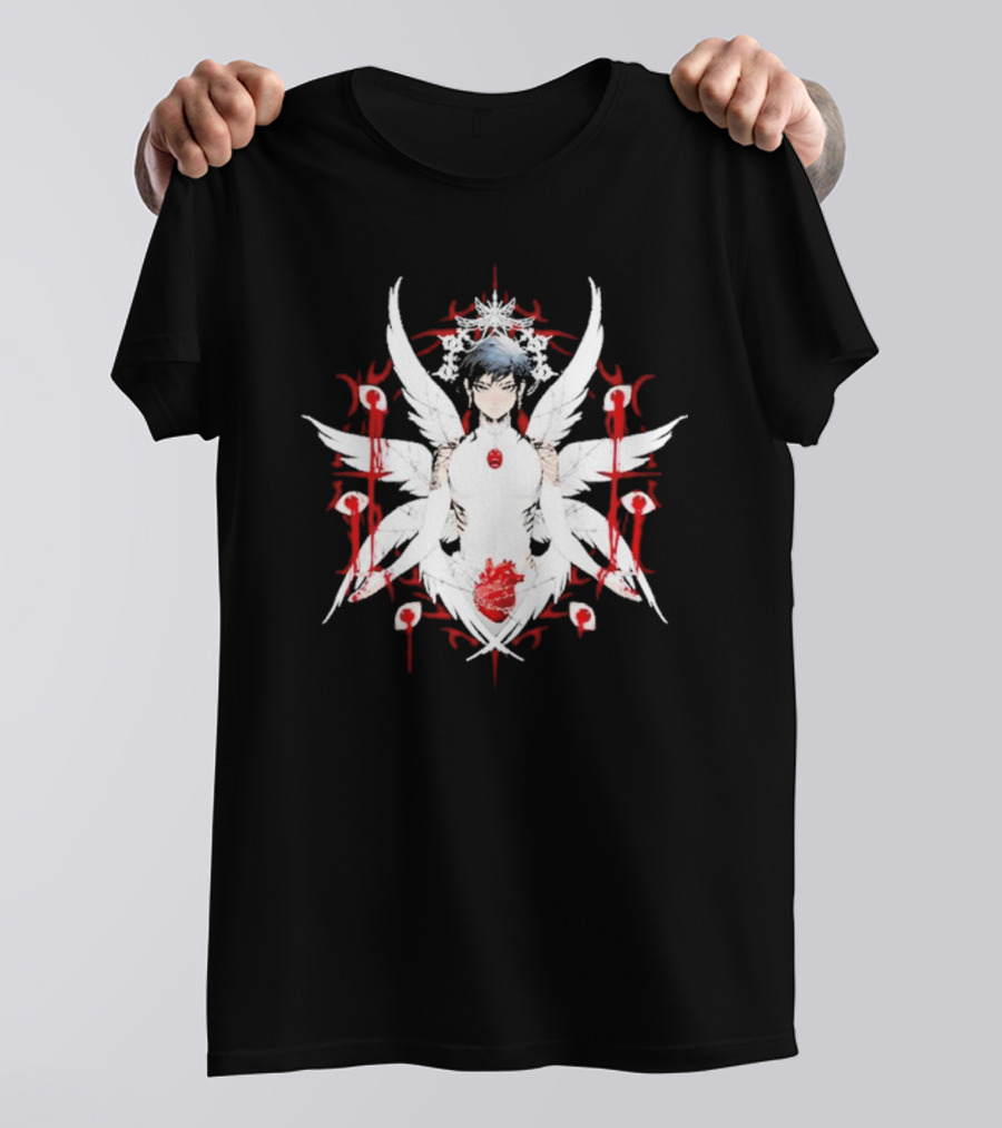 W6rst Maza Anime Angelic Figure With Wings And Red Accents T-Shirt