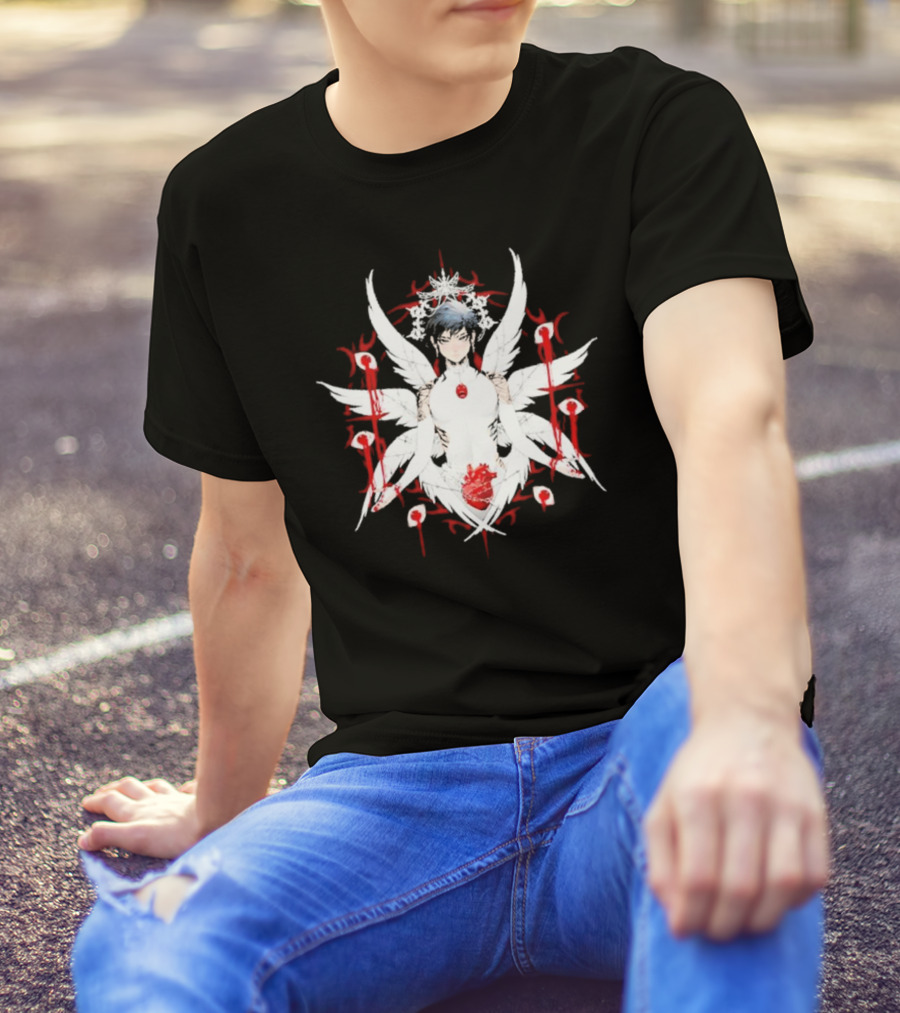W6rst Maza Anime Angelic Figure With Wings And Red Accents T-Shirt