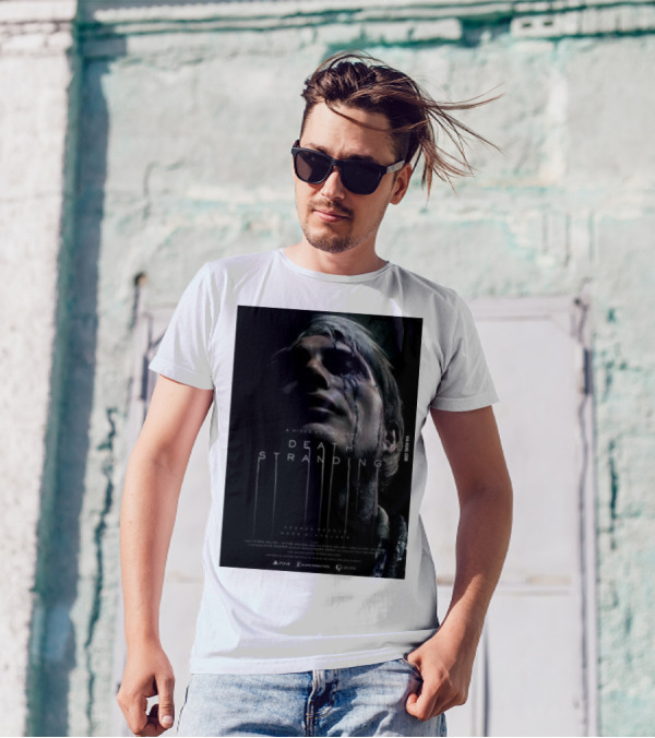 A Hideo Kojima Game Death Stranding Poster With Actor's Face And Title In Dripping T-Shirt